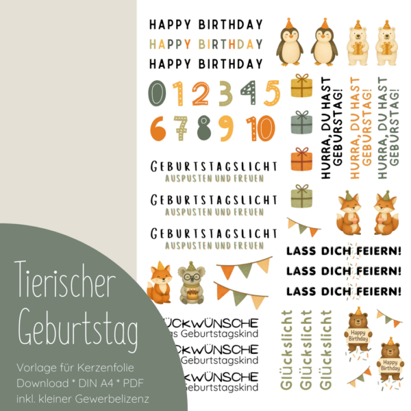 "Tierischer Geburtstag" Designvorlage für Kerzentattoos